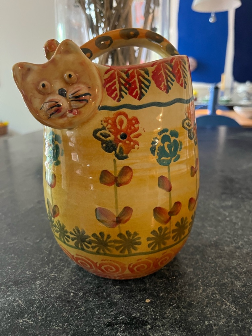 Vintage Italy Majolica Cat Floral Jug Vase